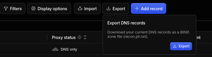Cloudflare DNS records Export menu, with the blue Export button visible. This screenshot is an example interface; navigation may change.